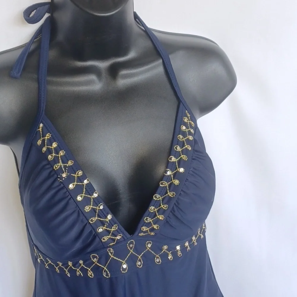 Beach native bathing suit size 12 Navy Blue Gold Trim, Sequins, Halter